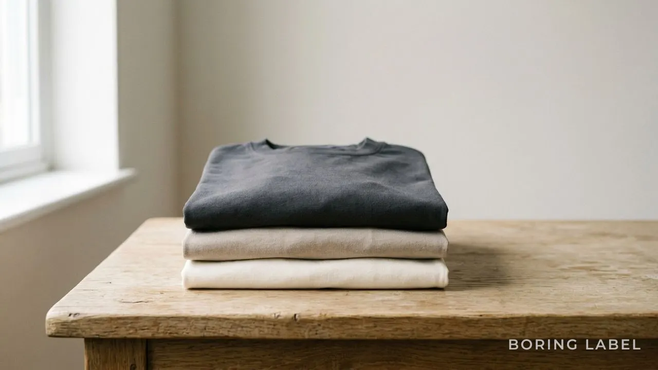 A neat stack of three folded plain t-shirts in soft neutral tones resting on a wooden surface, gentle daylight from one side, calm uncluttered composition, lots of negative space, minimalist editorial still life