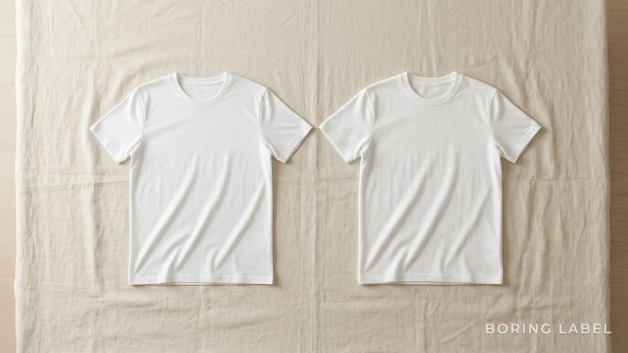 Two plain white t-shirts laid flat side by side on a pale linen surface, one with a slightly smoother sheen and one with a faintly fuzzier matte surface, soft natural daylight, lots of negative space, minimalist editorial product photography