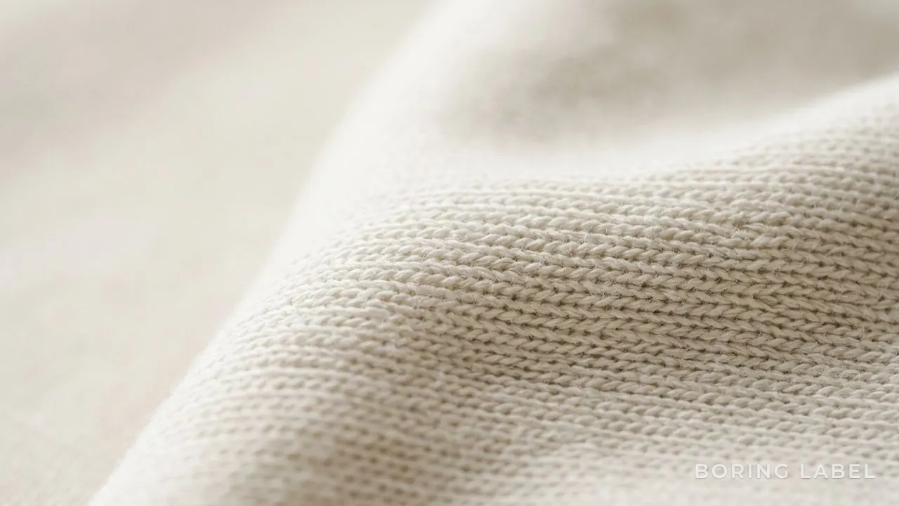 Macro close-up of smooth knitted cotton jersey under raking side light, the surface clean and even with a soft sheen, neutral cream tones, fine fabric texture visible, minimalist editorial product photography