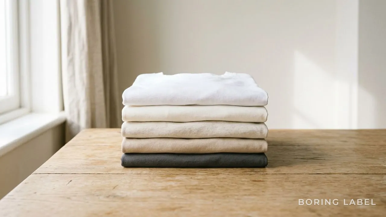 A neat stack of folded plain t-shirts in soft neutral shades resting on a wooden surface, gentle daylight from one side, calm and uncluttered composition, lots of negative space, minimalist editorial product photography