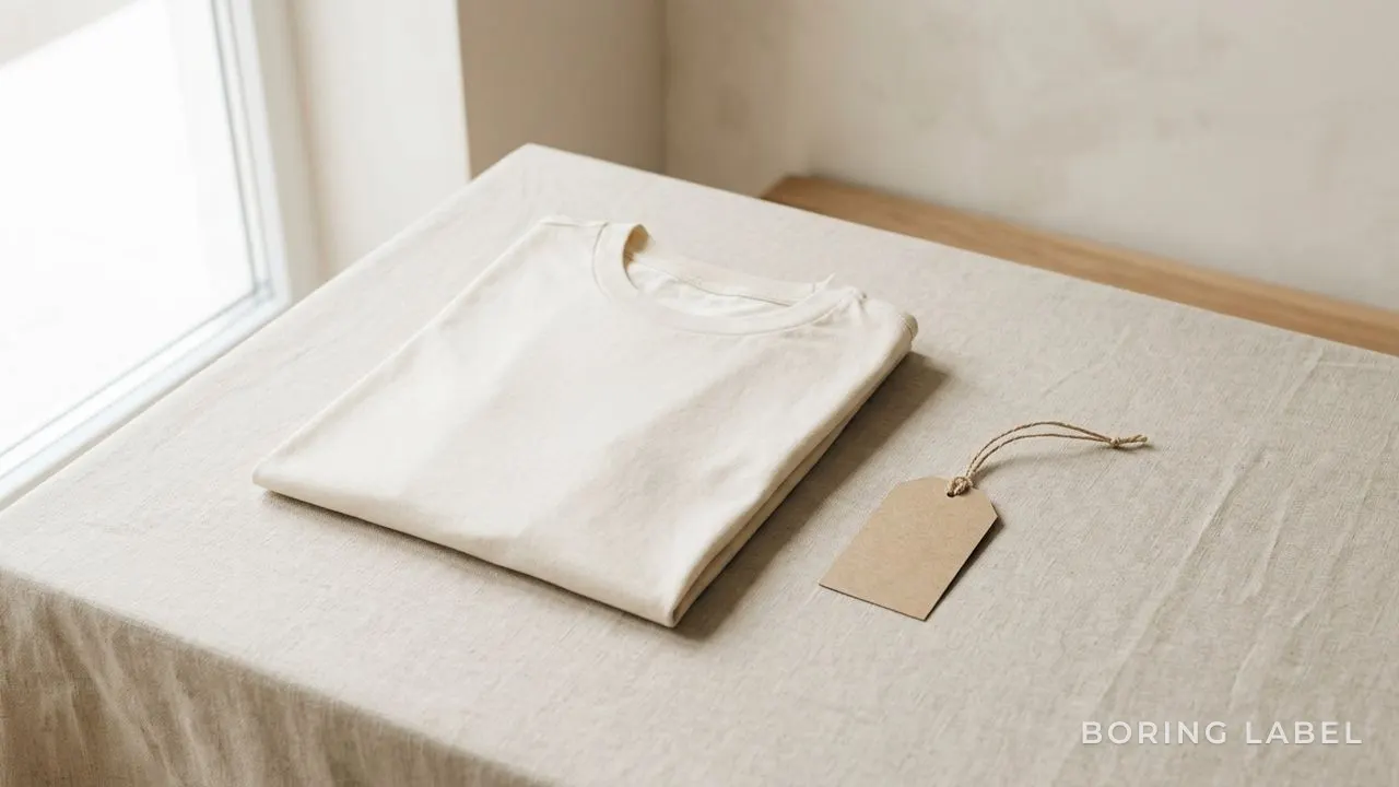 A single plain folded t-shirt resting on a pale surface beside a blank natural card tag, soft directional daylight, quiet premium still life, neutral beige and cream palette, no text, minimalist editorial product photography