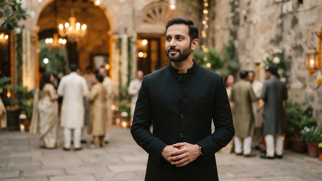 Man in a black bandhgala jacket with a plain black round-neck tee visible at the mandarin collar, warm evening wedding lighting, shallow depth of field