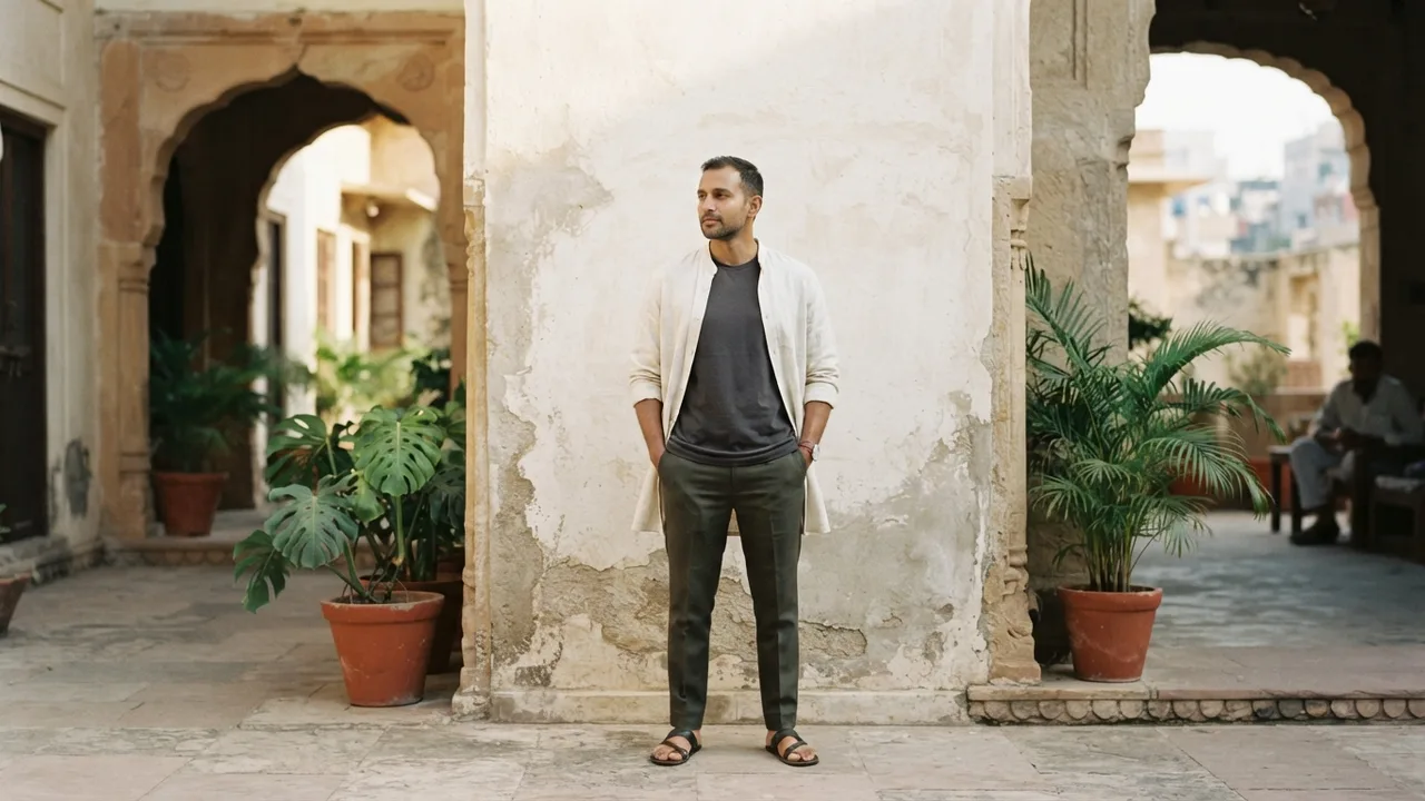 Man wearing an open cream kurta over a dark round-neck tee and dark trousers, standing in warm afternoon courtyard light, relaxed Indo-Western styling