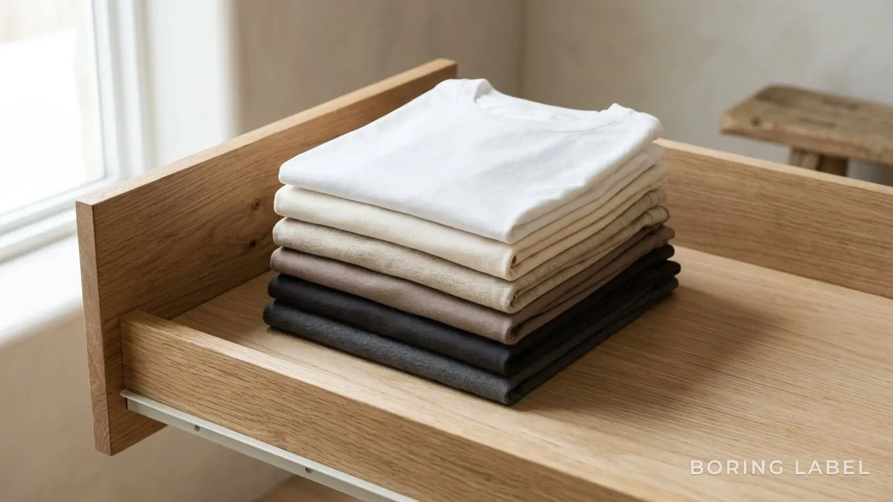 A neatly folded stack of plain cotton t-shirts in muted neutral tones resting in an open wooden drawer, soft natural daylight from one side, calm minimalist still life, negative space, matte finish