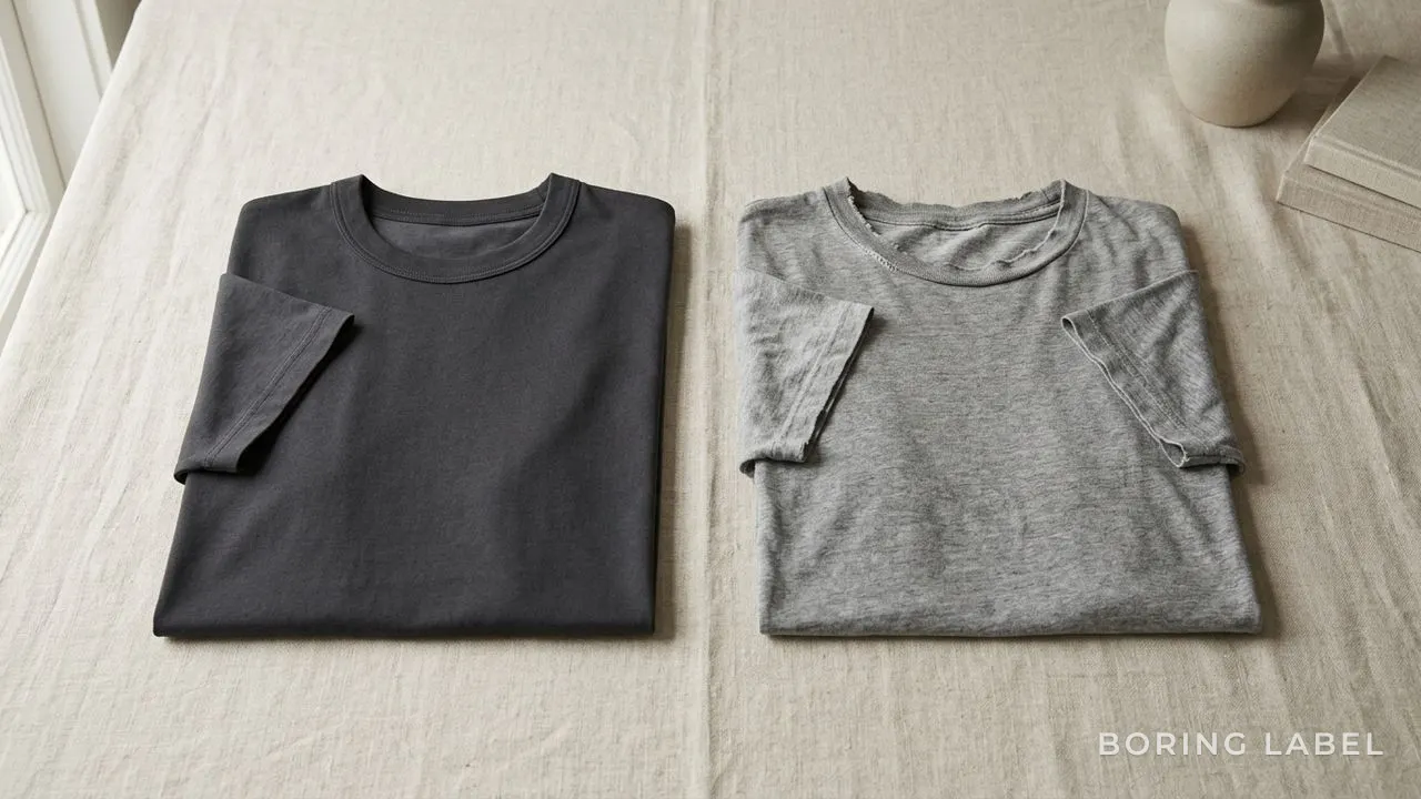 Two plain t-shirts laid flat on a pale linen surface side by side, one smooth and crisp, one visibly faded and worn at the collar, soft diffused daylight, neutral cream and grey palette, editorial product still life, generous negative space