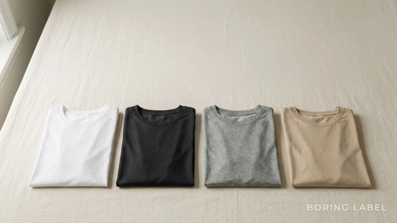 A small curated set of four folded plain t-shirts in white, black, grey and sand arranged in a neat row on a cream surface, soft even daylight, minimalist editorial composition, matte neutral palette, calm and premium, plenty of negative space