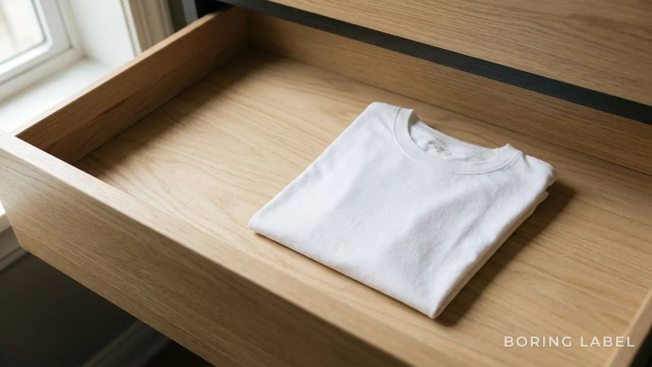 A single plain white cotton t-shirt folded crisply and sitting alone in an otherwise empty wooden drawer, soft directional daylight, lots of empty space around it, calm minimalist still life, neutral matte palette, premium and quiet