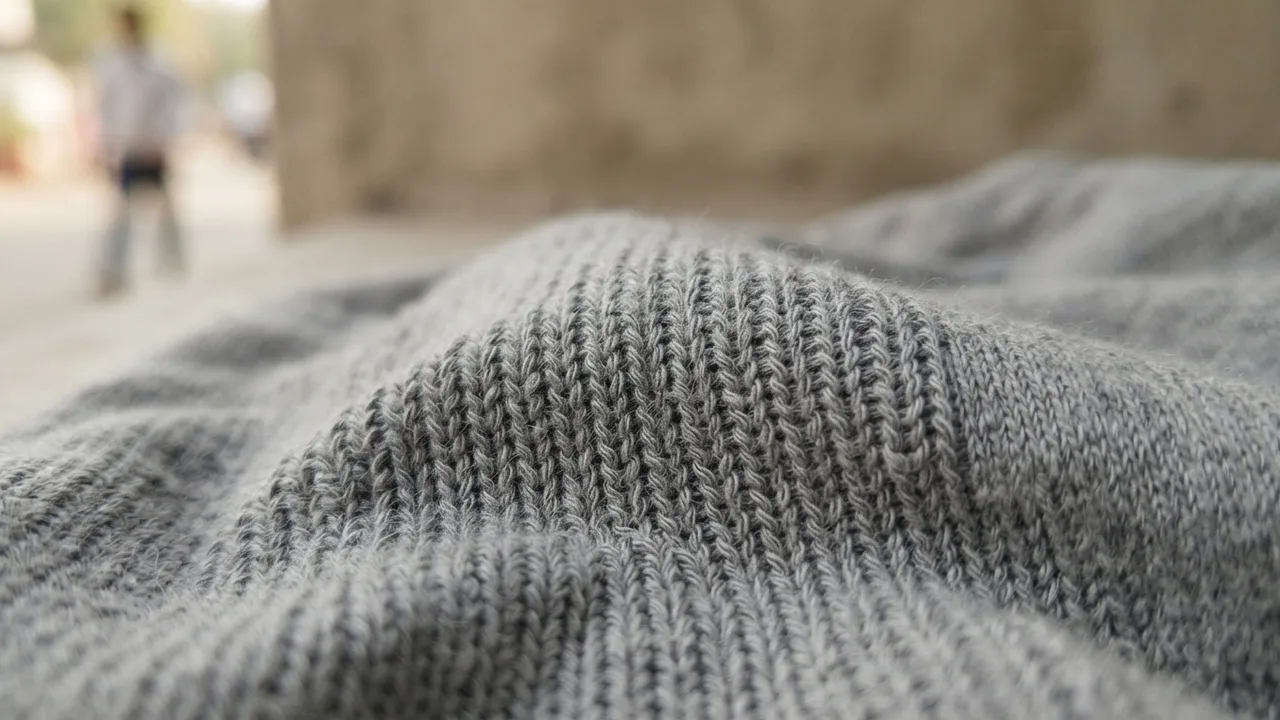 Close-up macro photograph of knit t-shirt fabric loops, showing the interlocking loop structure of jersey knit, soft studio lighting, neutral grey fabric