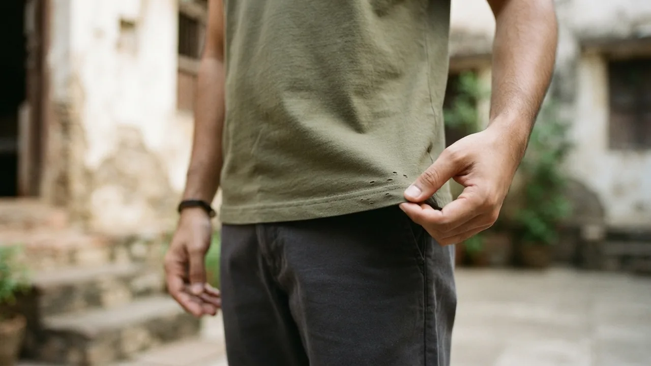 Close-up of a cotton t-shirt hem showing tiny holes near the waistline, inspected under soft natural light, muted neutral tones