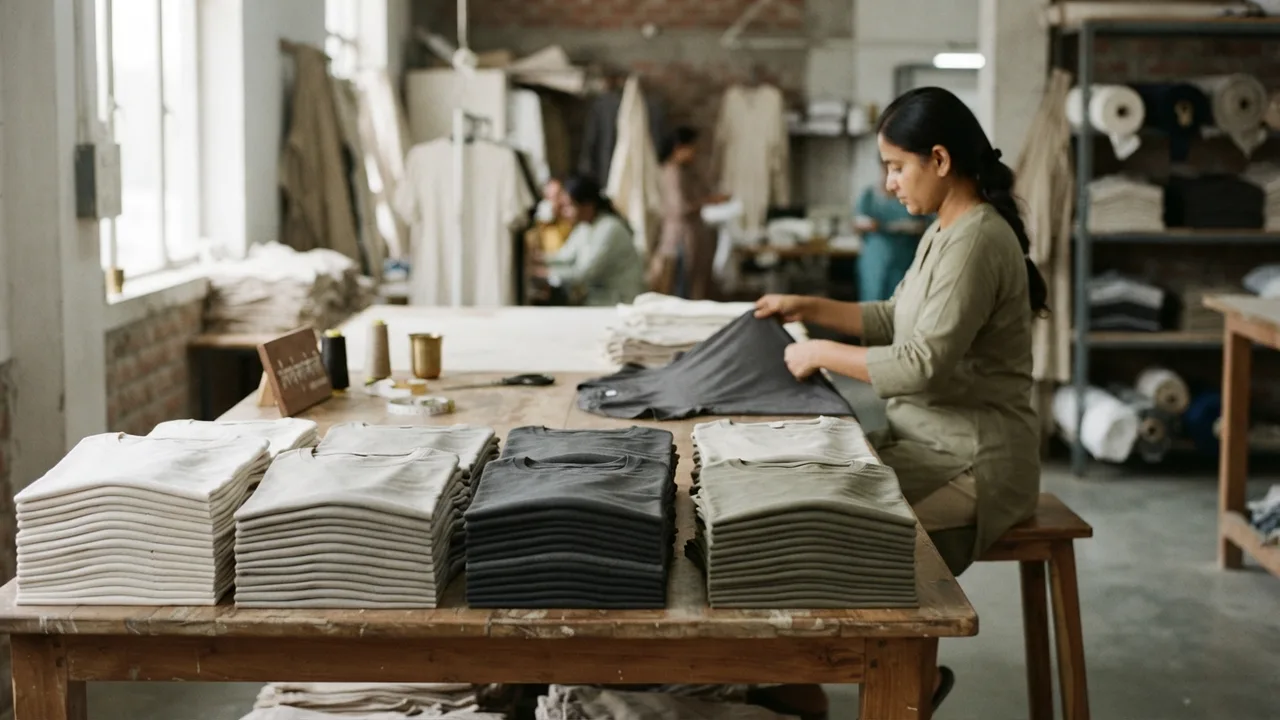Stacks of plain cotton t-shirts in a garment factory finishing area, muted neutral tones, soft natural light
