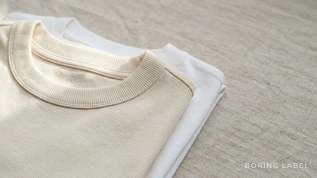 Close-up detail of a neatly ribbed t-shirt collar lying flat against a folded white tee on a pale linen surface, soft natural daylight raking across the fine rib texture, minimalist editorial still life, neutral cream and charcoal palette, negative space