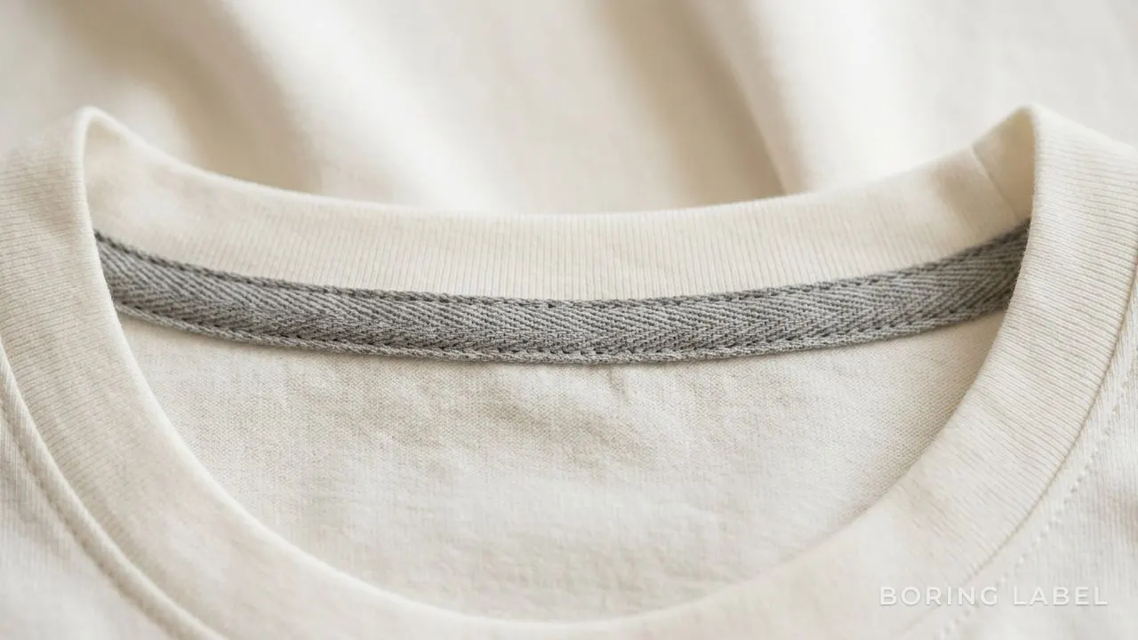 Macro detail of the inside back neckline of a t-shirt showing a flat woven neck tape stitched neatly across the seam, soft diffused daylight, clean construction against off-white fabric, minimalist editorial composition, neutral tones, negative space
