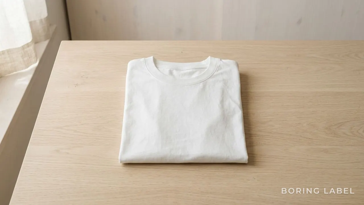 A single plain white t-shirt folded neatly so the collar sits flat and undistorted on a pale wooden surface, gentle morning daylight, calm minimalist composition, matte cotton texture, neutral beige and white palette, generous negative space