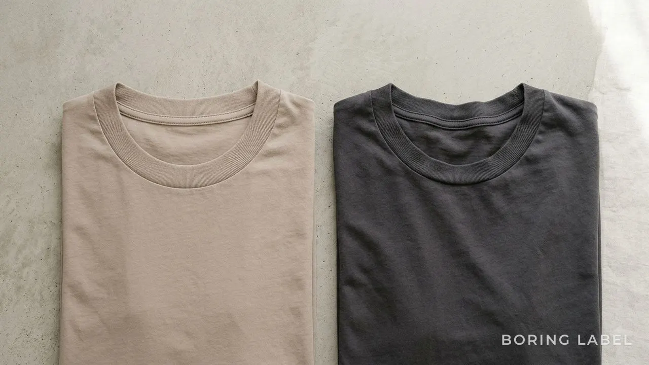 Two plain t-shirt collars laid side by side on a neutral surface, one lying perfectly flat and even, one rippling and slightly distorted, soft overhead daylight emphasising the contrast in how each collar sits, minimalist editorial product photography, matte cotton, muted beige and grey palette