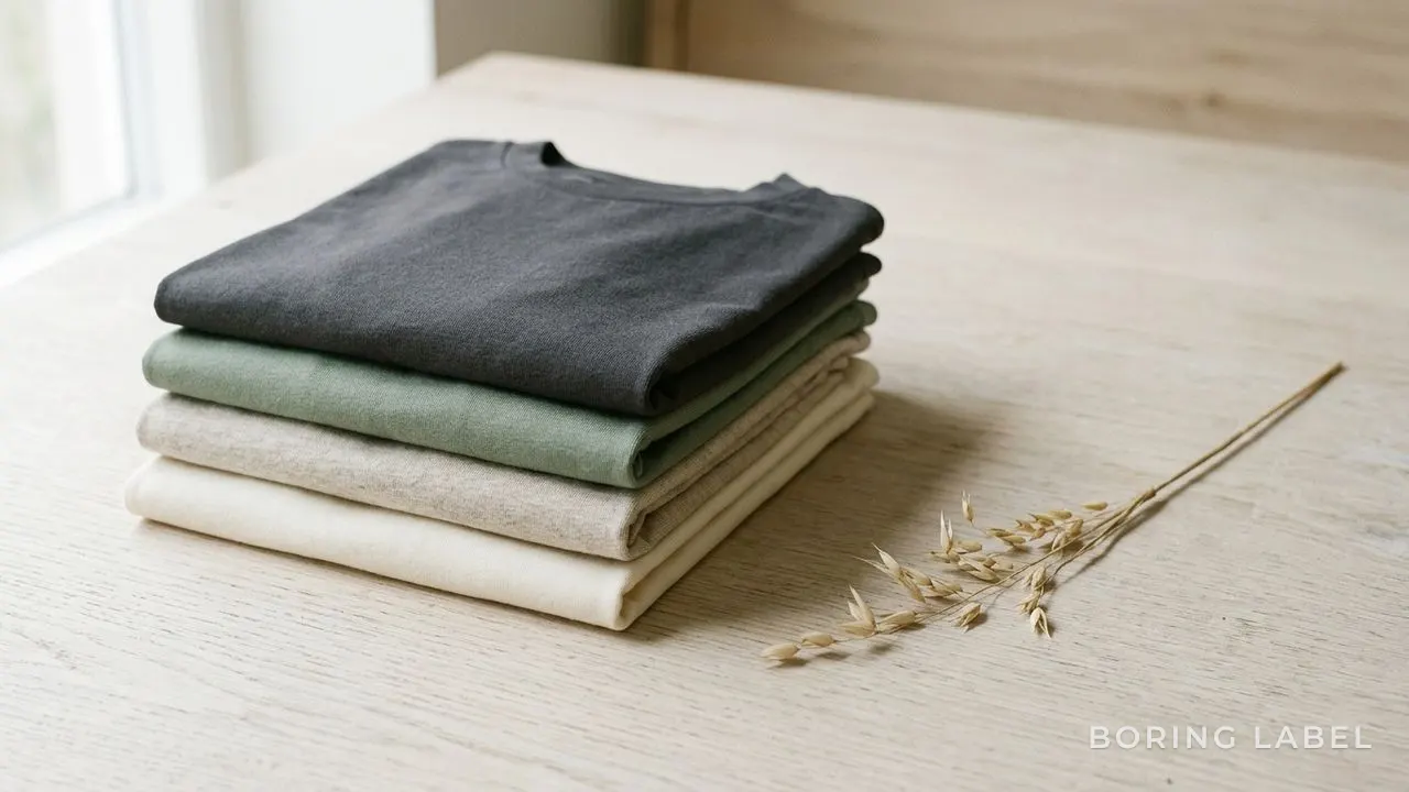 Folded plain t-shirts in cream, oatmeal, sage and charcoal stacked on a pale wooden surface beside a sprig of dried grass, soft natural daylight, neutral matte palette, generous negative space, calm minimalist editorial still life