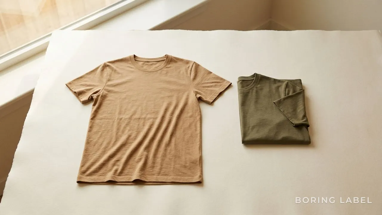A single warm tan crew-neck t-shirt laid flat on cream paper next to a folded olive tee, raking morning light catching the soft cotton texture, muted earthy tones, matte finish, minimalist composition, lots of empty space