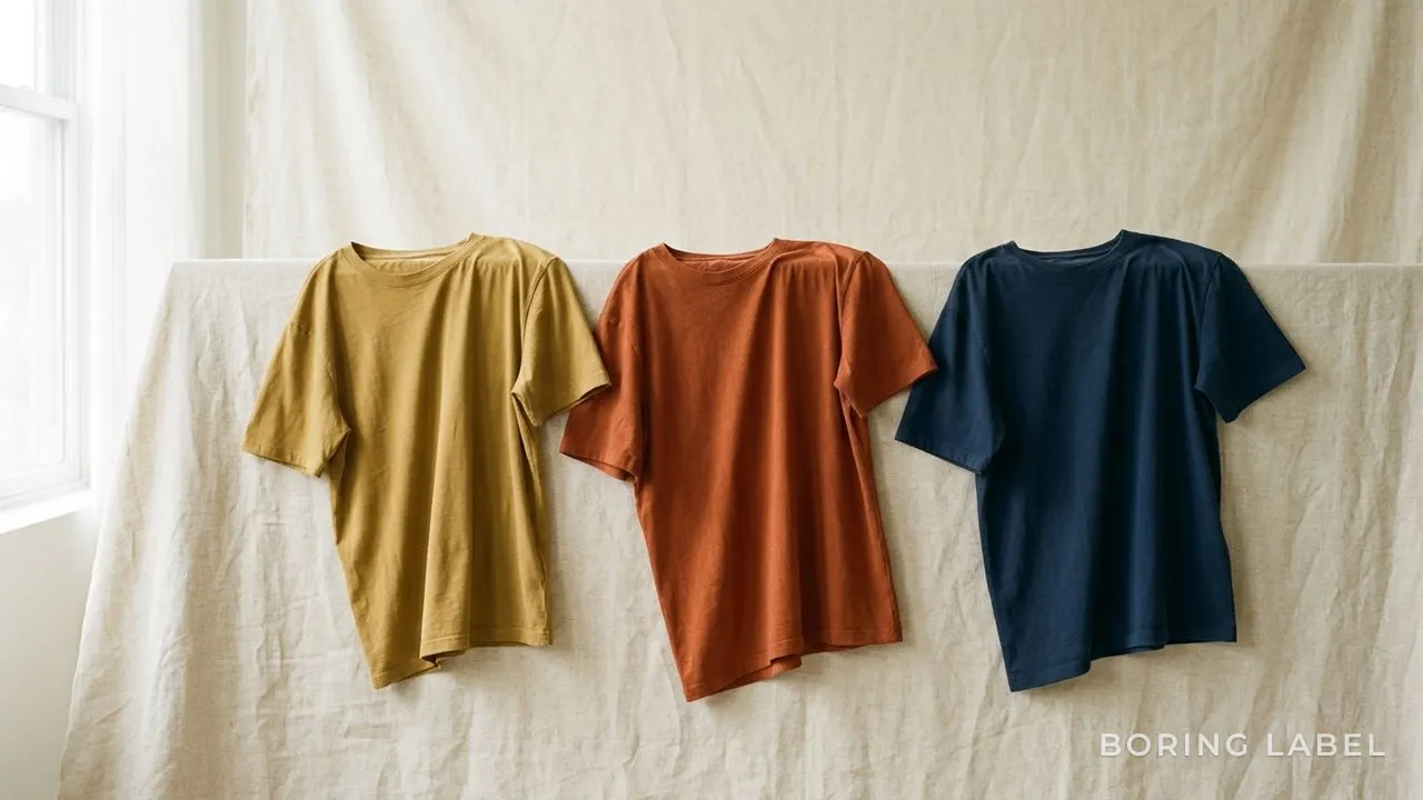 Three plain t-shirts in muted mustard, rust and deep navy draped loosely over a pale linen backdrop, soft diffused daylight, warm earthy and cool tones together, matte cotton texture, calm premium editorial still life with negative space