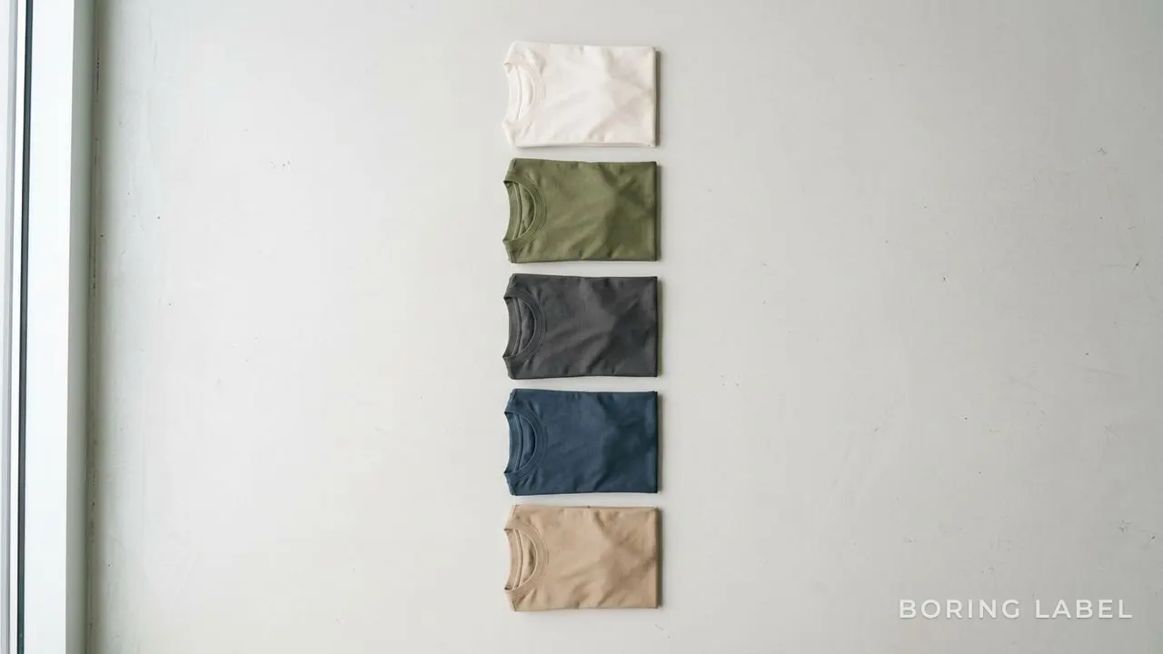 A neatly arranged flat-lay of folded plain t-shirts in a coherent palette - cream, olive, charcoal, navy and tan - on a smooth pale surface in soft daylight, harmonious muted neutral tones, matte cotton, minimalist premium editorial composition with calm negative space