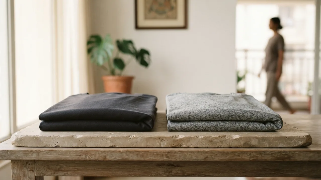Two folded t-shirts side by side under warm daylight, one solid charcoal and one heather grey, showing the texture difference between solid and flecked fabric weave