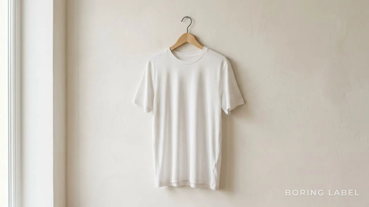 A plain cotton tee draped over a smooth wooden hanger, falling in soft fluid vertical folds against a pale plaster wall, soft morning daylight, generous negative space, calm editorial still life, no text