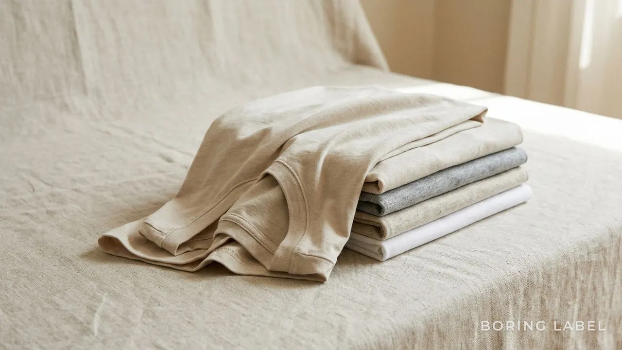 A folded stack of plain tees on a pale linen surface, the top one falling open in a soft clean fold over the edge, neutral oatmeal and grey tones, soft natural side light, quiet minimalist composition, ample negative space, no text