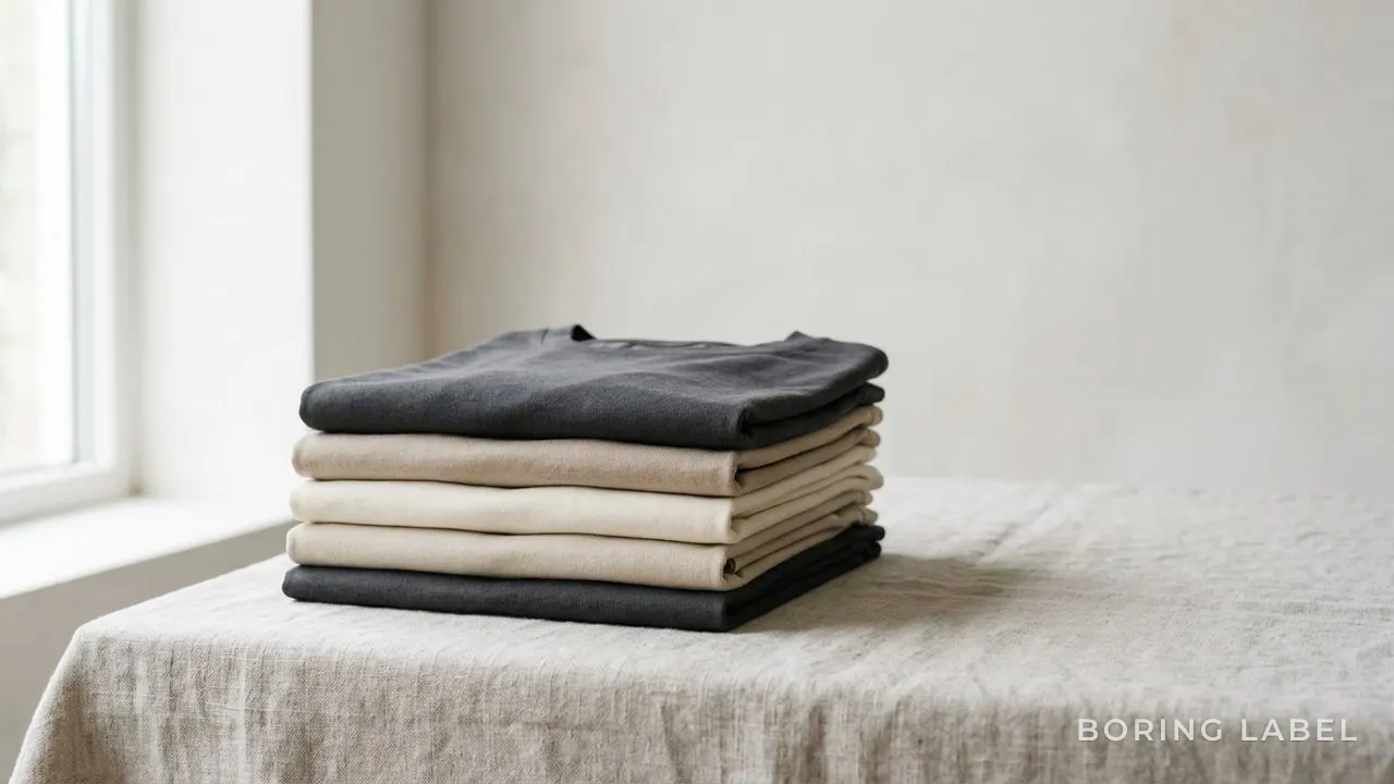A stack of neatly folded identical plain cotton tees on a pale linen surface, soft daylight, generous negative space, calm minimalist editorial still life, neutral palette, no text or logos