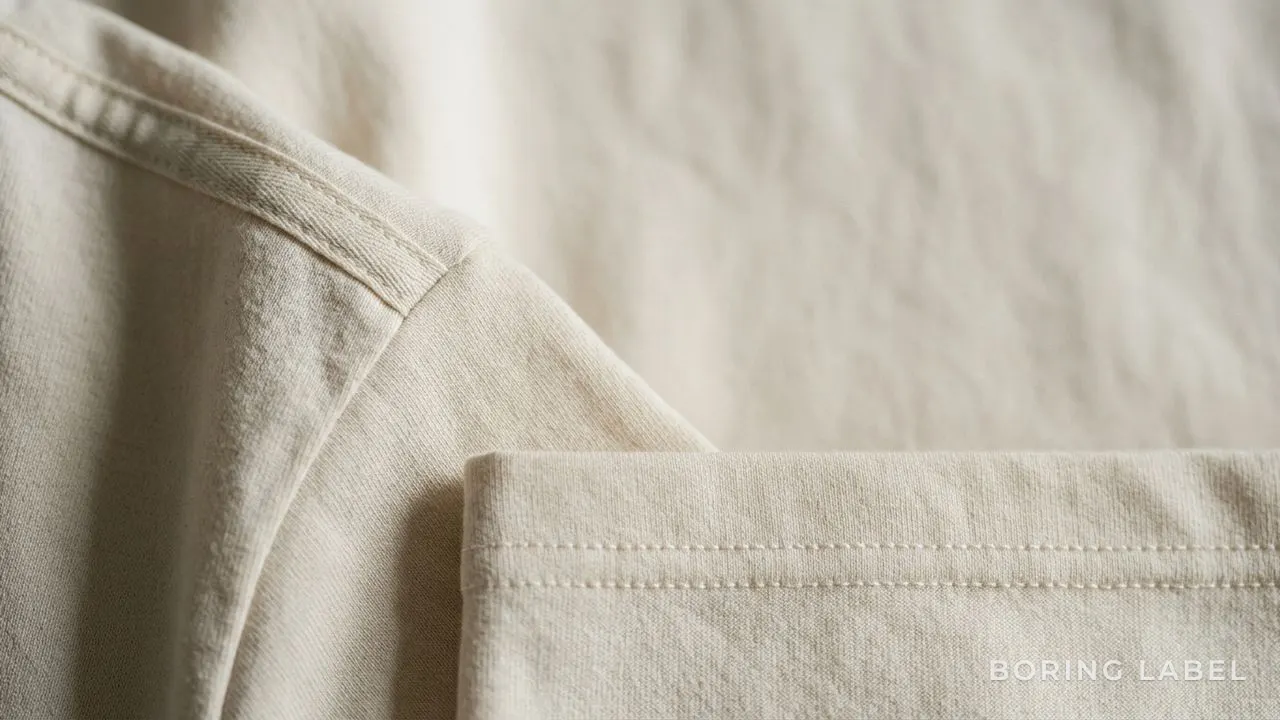 A close macro of a taped shoulder seam and a double-stitched hem on plain cotton fabric, soft directional daylight, shallow depth of field, neutral tones, negative space, no text or logos