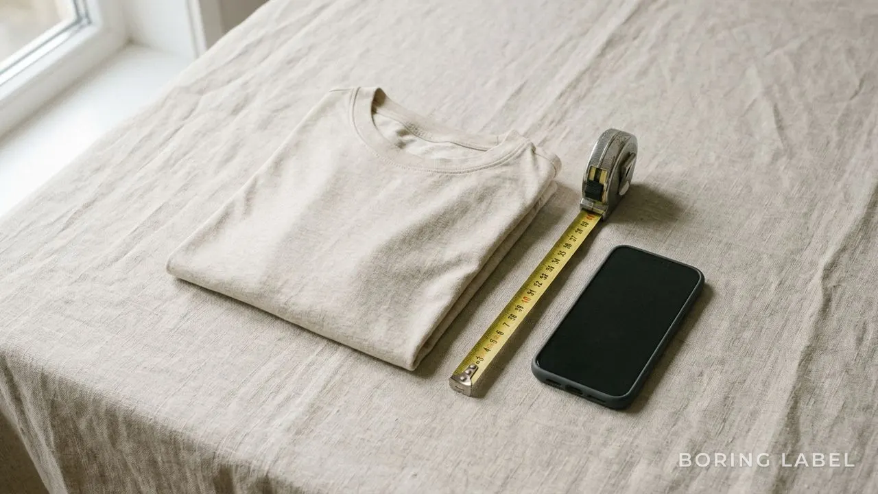 A single folded plain tee beside a measuring tape and a phone on a pale linen surface, soft morning light, lots of negative space, quiet documentary still life, neutral palette, no text or faces