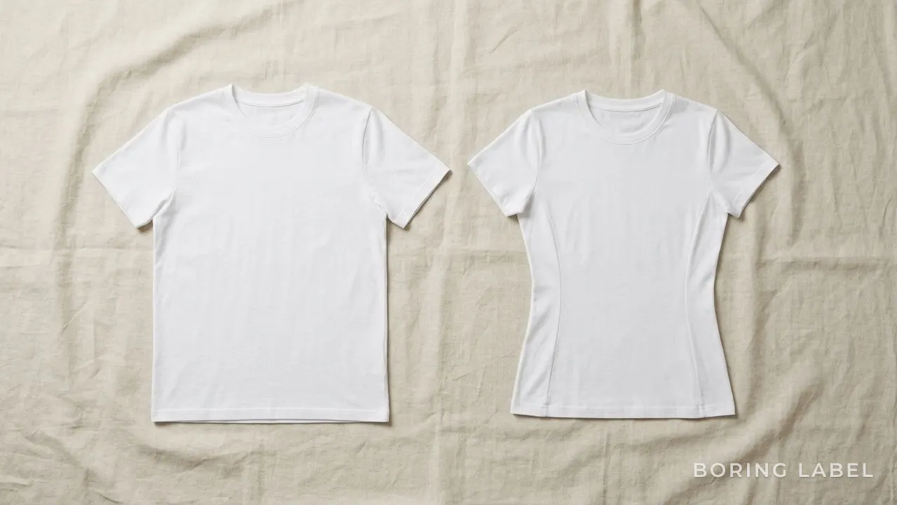 Two plain white cotton t-shirts laid flat side by side on a pale linen surface, one cut with straight side seams and one with a clearly tapered waist, soft natural daylight, minimalist editorial composition, neutral tones, negative space