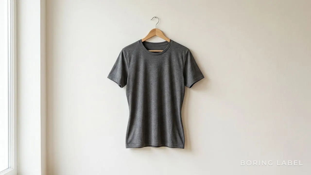 A single plain charcoal cotton t-shirt draped over a plain wooden hanger against a pale wall, the body showing a gentle inward curve at the waist, clean even fabric, soft window light, calm minimalist still life, negative space