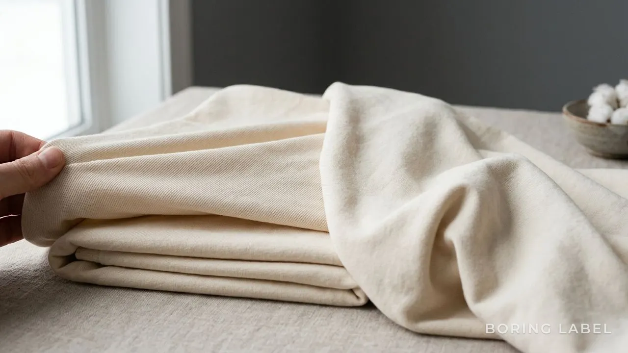 Close-up of soft cotton jersey fabric folded to show its knit texture and natural drape, a corner gently stretched to reveal the give of the loops, neutral cream tones, raking daylight, matte premium still life, no text