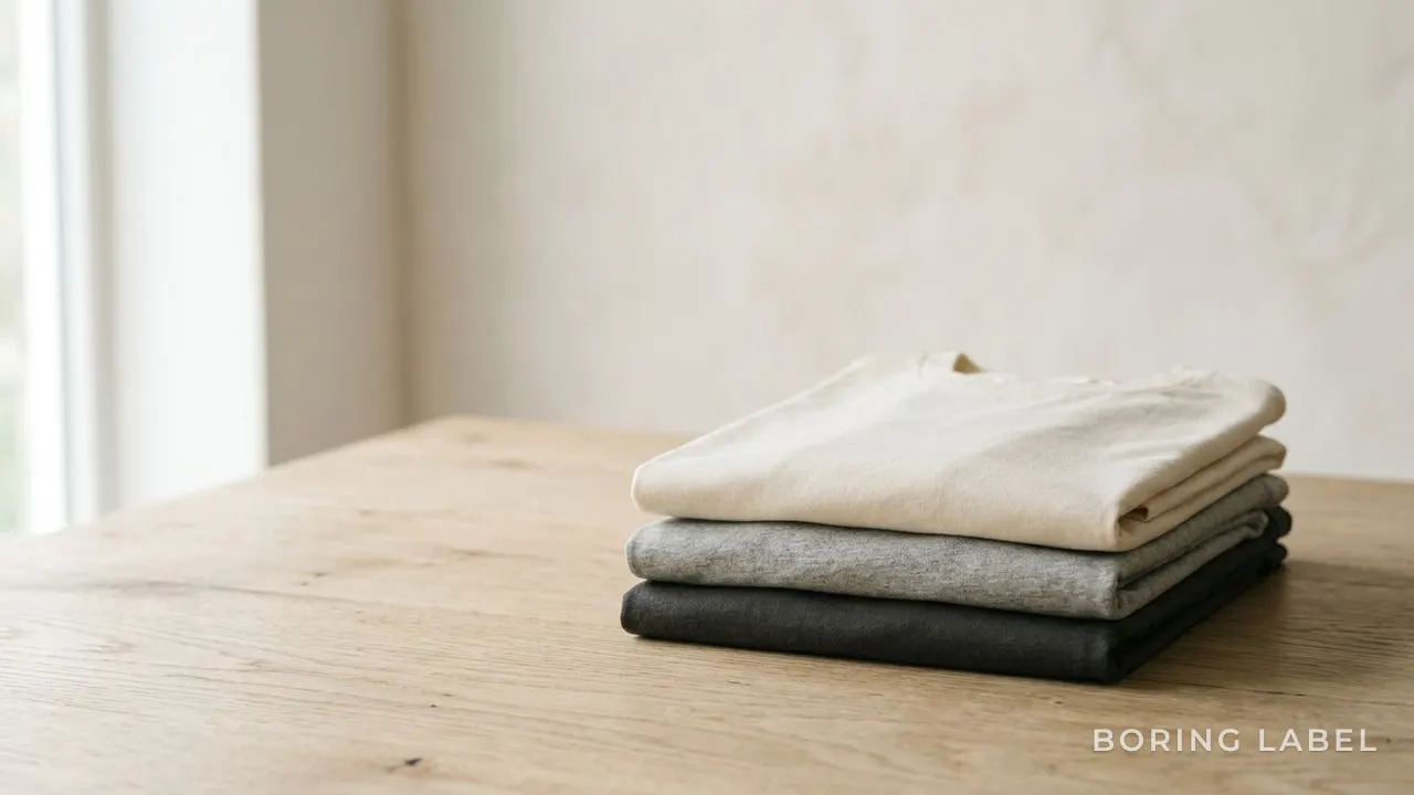 A small neat stack of folded plain cotton t-shirts in muted neutral colours - cream, grey, charcoal - resting on a pale wooden surface, soft directional daylight, clean edges, calm premium minimalist composition, negative space, no text
