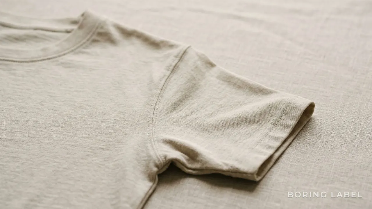 Close-up of a folded plain crew-neck tee showing the shoulder seam meeting the sleeve, soft natural light, neutral oatmeal cotton on a pale linen surface