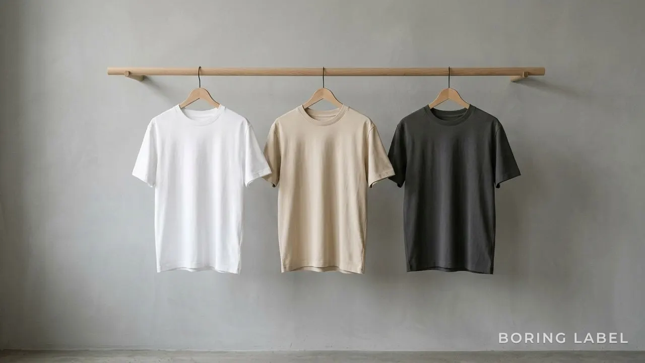 Three plain short-sleeve tees in white, sand and charcoal hanging evenly on a slim wooden rail against a soft grey wall, calm natural daylight