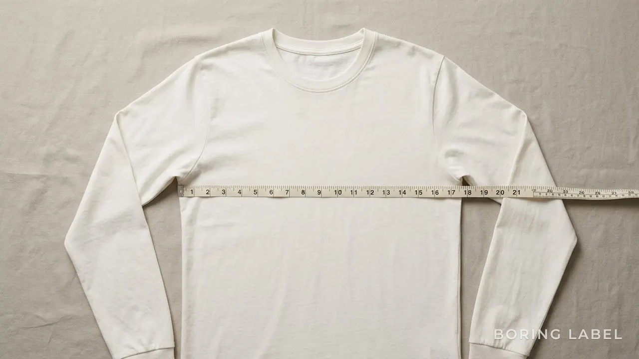 A single plain tee laid flat on a neutral surface with a cloth tape measure across the chest, top-down editorial still life, muted ecru tones, soft shadow
