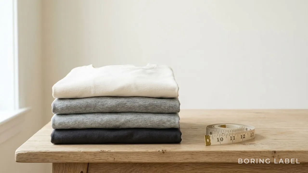 Four neatly folded plain t-shirts in cream, grey, and charcoal stacked on a pale wooden surface with a soft cloth measuring tape resting beside them, soft natural daylight, generous negative space, minimalist editorial still life