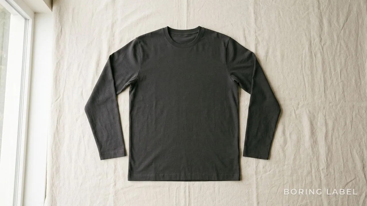 A single plain charcoal t-shirt laid flat on a cream linen surface, fully smoothed to show its long straight body and even hem line, soft directional daylight raking across the fabric, calm minimalist composition with wide margins