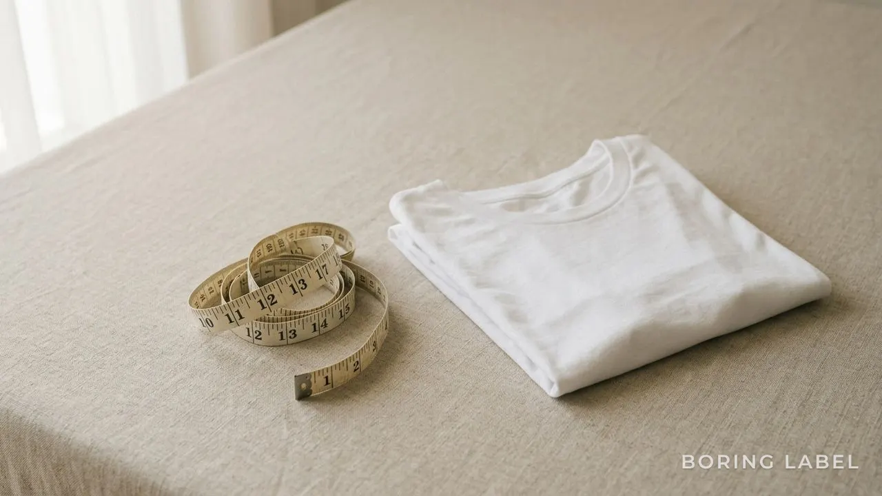 A soft cloth measuring tape coiled loosely beside a single folded white t-shirt on a beige surface, gentle morning light casting soft shadows, muted neutral palette, quiet minimalist arrangement with ample empty space