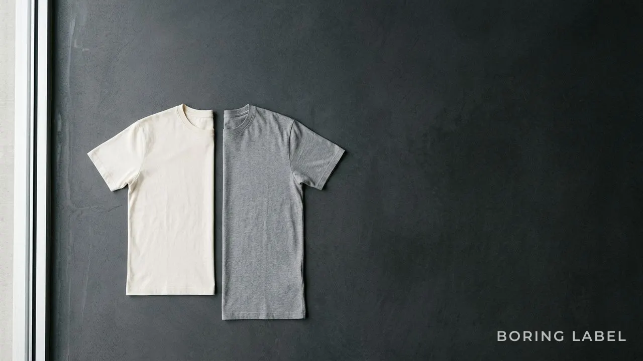 Two plain t-shirts in cream and grey laid side by side on a charcoal surface, one clearly longer in the body than the other, both smoothed flat to show the difference in hem position, soft even daylight, minimalist editorial composition with wide negative space