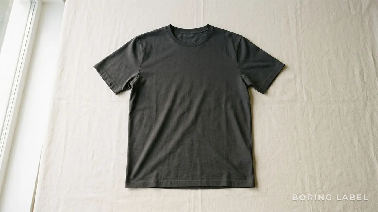 A single plain charcoal cotton t-shirt laid flat on a pale cream linen surface, soft natural daylight raking across an even matte fabric face, generous negative space, calm minimalist editorial still life