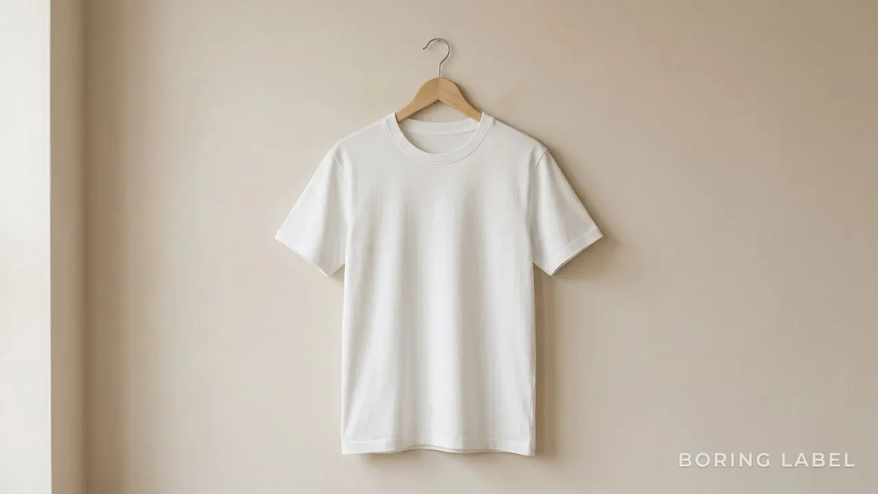 A plain white cotton t-shirt on a simple wooden hanger against a soft beige wall, the fabric hanging cleanly with the shoulder line crisp and even, gentle window light, muted neutral palette, premium minimalist composition