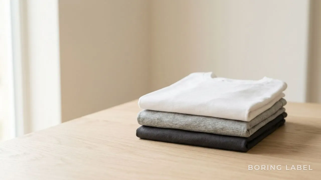 A small folded stack of plain cotton t-shirts in white, grey and charcoal resting on a pale wooden surface, soft daylight from the side, clean even fabric faces with no visible texture flaws, calm neutral premium still life with negative space