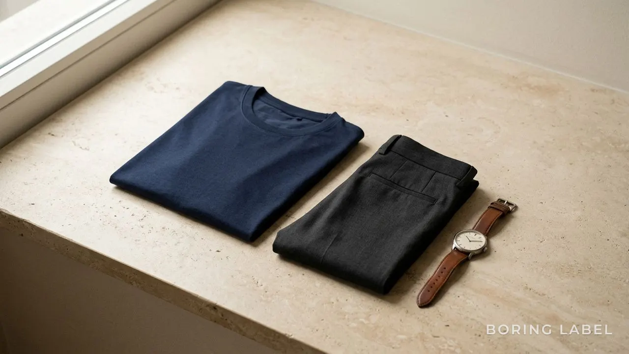 A plain navy cotton t-shirt folded neatly beside a pair of dark trousers and a simple leather watch on a warm stone surface, soft diffused daylight, restrained neutral palette, quiet premium editorial still life with generous empty space