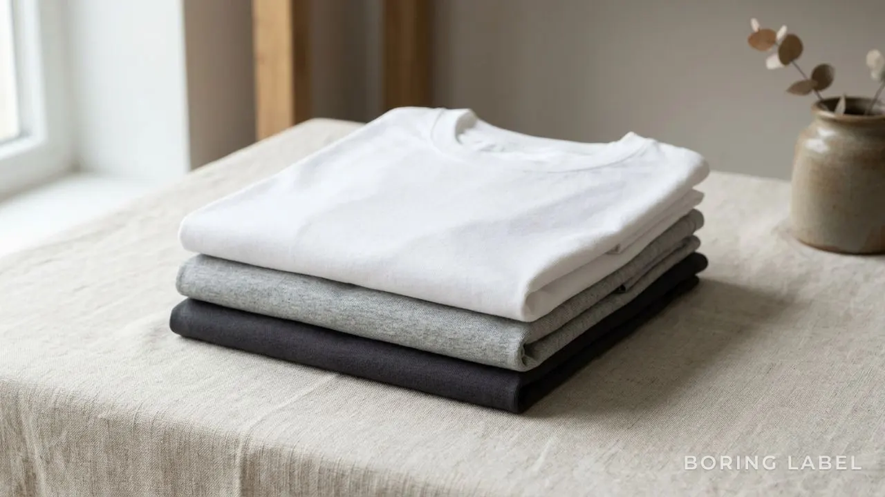 A neatly folded stack of plain cotton t-shirts in soft neutral tones of white, grey and charcoal resting on a pale linen surface, soft natural daylight, generous negative space, minimalist editorial still life