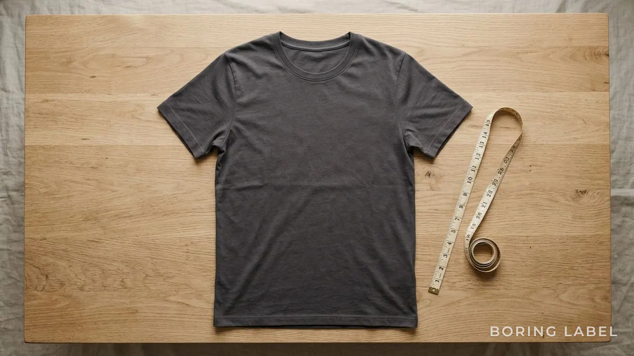 A single plain t-shirt laid flat and smoothed on a wooden tabletop beside a soft measuring tape, calm overhead daylight, neutral cream and charcoal palette, quiet minimalist composition with negative space