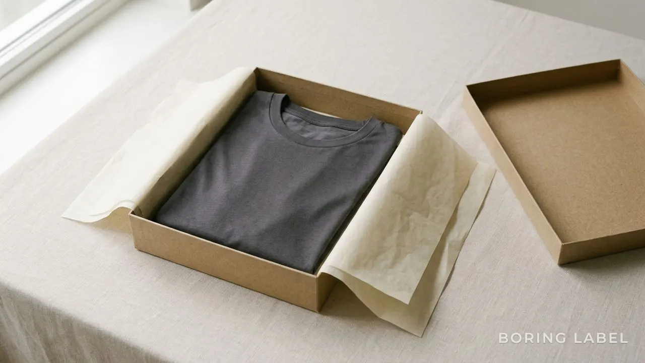 A plain t-shirt folded neatly inside an open kraft gift box with plain tissue paper, set on a pale surface in soft daylight, no labels or text, neutral muted palette, calm premium still life with negative space