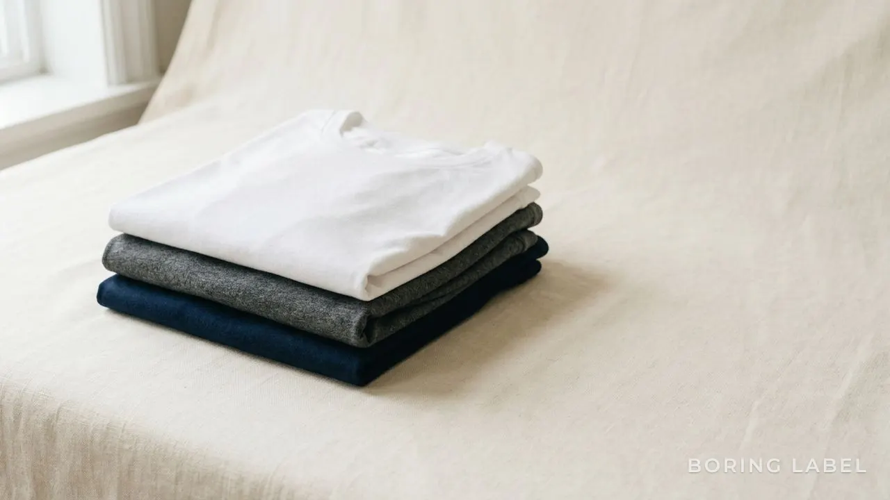 Three plain t-shirts in white, charcoal and navy folded into a soft stack on a cream surface, soft directional daylight, matte neutral palette, generous negative space, calm premium editorial still life