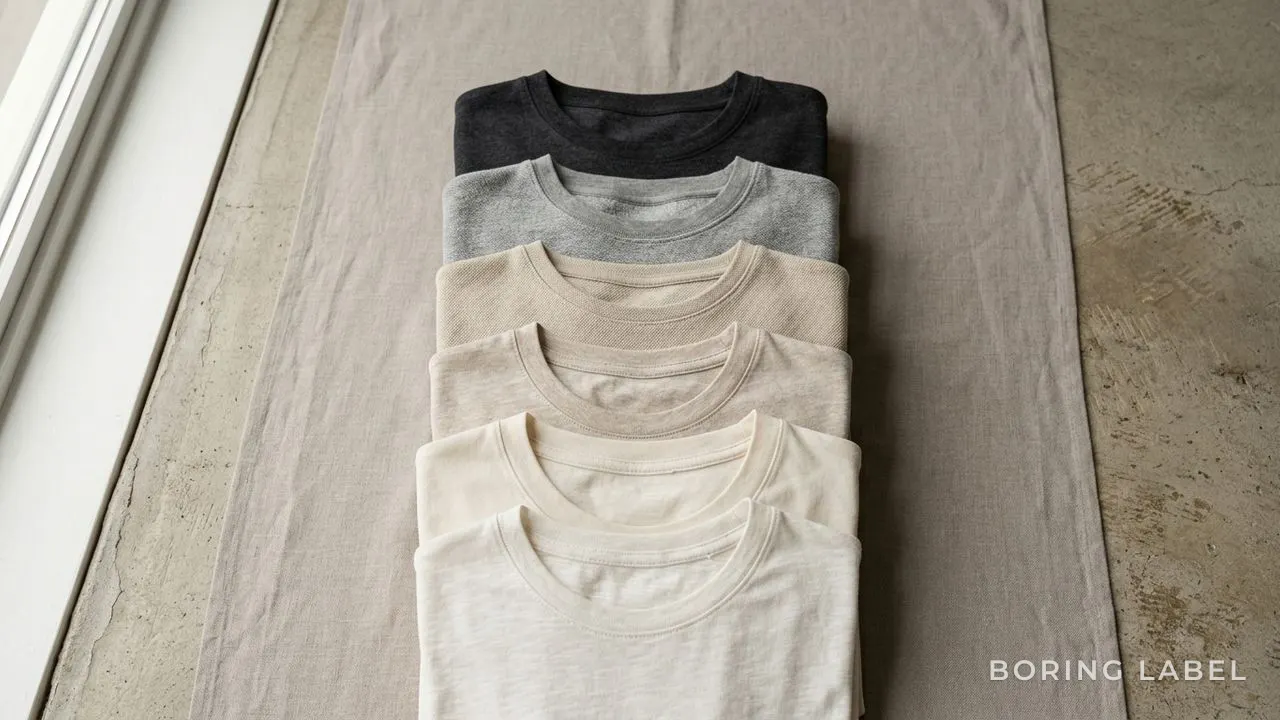 Neutral flat-lay of folded plain tees stacked from light airy knit to dense heavyweight, soft daylight, earthy sand and grey tones, no text