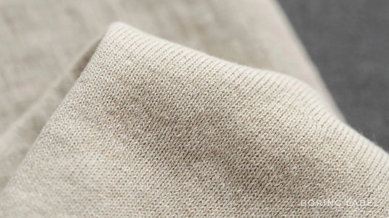 Extreme close-up of combed cotton jersey knit showing a clean tight surface and fine yarn, soft natural light, neutral oatmeal tone, calm still-life