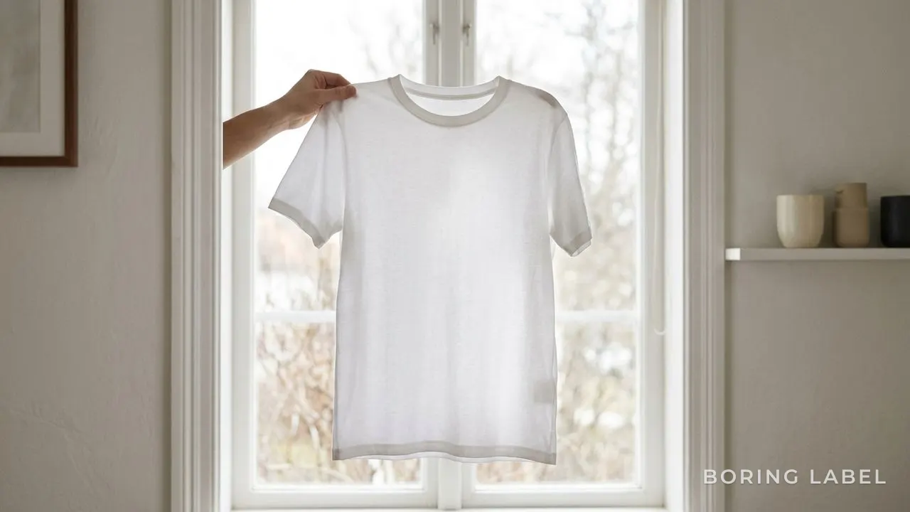 A single mid-weight white tee held to a bright window for the light test, fabric softly opaque against daylight, neutral tones, quiet editorial still-life